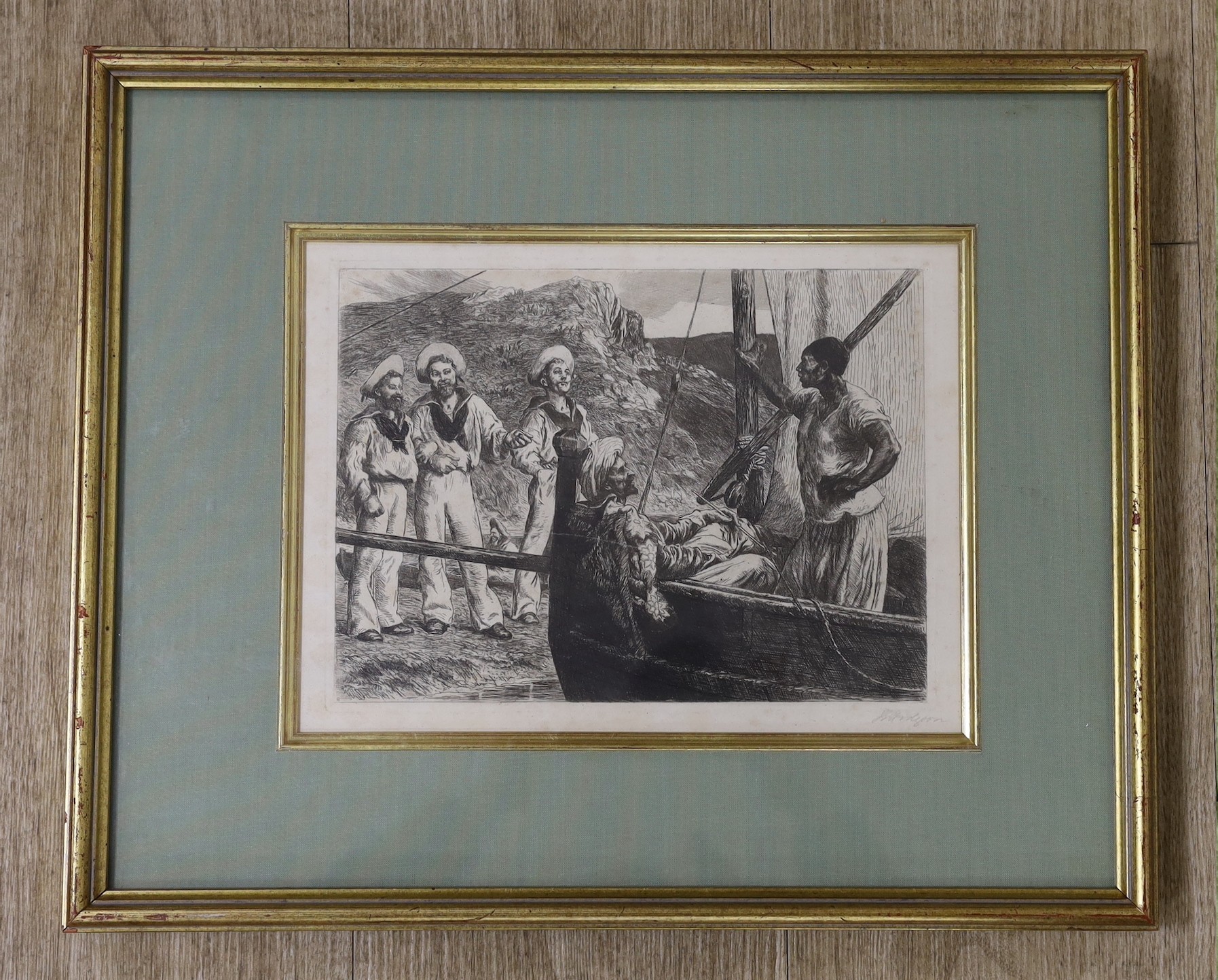 John Evan Hodgson (1831-1945), engraving, Sailors on a foreign shore, signed in pencil, 18 x 24cm
